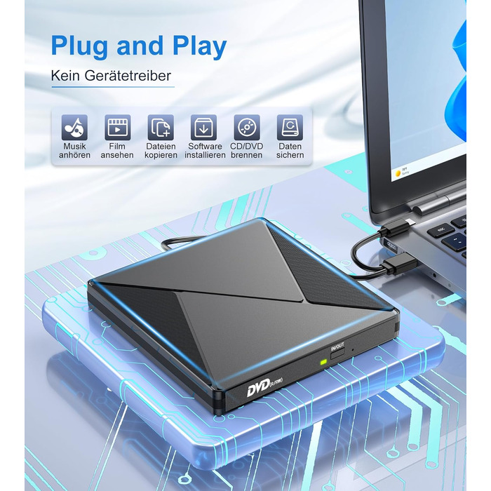 Зовнішній CD/DVD привід USB 3.0 та USB-C, оптичний накопичувач CD/DVD +/-RW ROM для ноутбука, ПК, MacBook, iMac (Windows, MacOS, Linux)