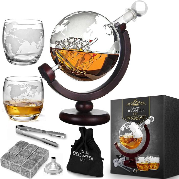 MikaMax - Globus Decanter Set - Whiskey Decanter - with two glasses - Whiskey set - Funnel included - Handcrafted - Transparent - 850 ML - Airtight closure - Men's gift
