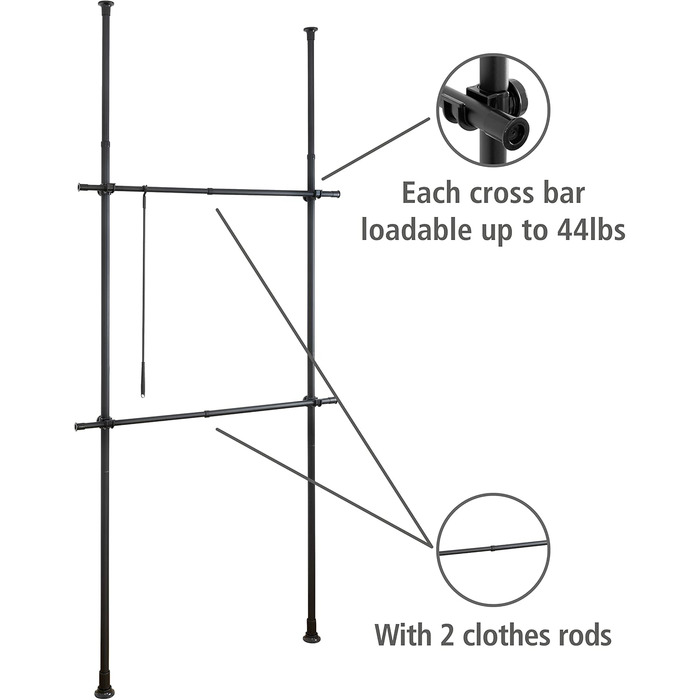 WENKO Telescopic Wardrobe System Hercules Basic (Black, Bundle with Hercules Basket, 2-Piece Set)