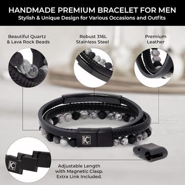 Чоловічий шкіряний браслет з тигровим оком та лавовим каменем | Ручна робота, гравірування, регульований магнітний замок | Чорний, коричневий, синій, срібний | Подарункова коробка