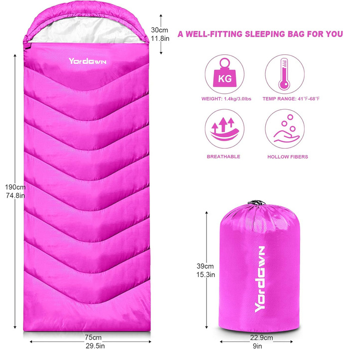 Yordawn Sleeping Bag - Ultralight 3-4 Season Sleeping Bag for Adults & Kids - Waterproof & Compact Travel Sleeping Bag (Rose Pink)