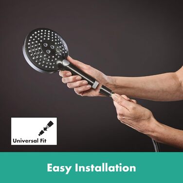 hansgrohe Raindance Select S - water-saving showerhead 9 l/min (EcoSmart), hand shower with 3 spray patterns, round shower head (⌀ 120 mm), water-saving showerhead with anti-limescale function, (with PowderRain jet, Brushed Black Chrome, 3 spray patterns including PowderRain)