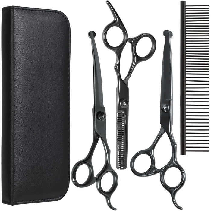 Професійні ножиці для грумінгу собак та котів: титанові, з округлими кінчиками, для грумінгу, з гребінцем (чорні)