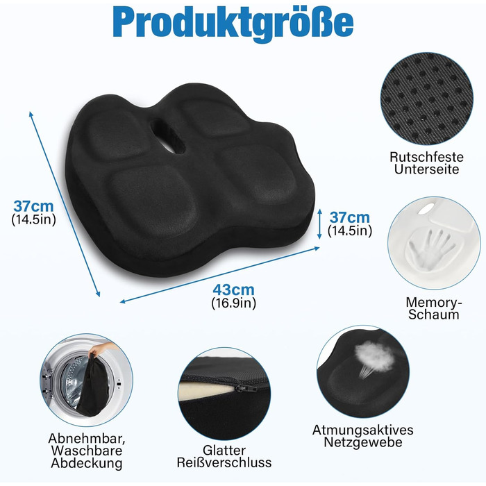 Ортопедична подушка для сидіння з Memory Foam для офісного крісла, авто та інвалідного візка, чорна. Зняття тиску на куприк, комфорт.