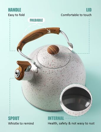 Чайник BELANKO 2,5 л з свистком, нержавіюча сталь, з дерев'ястим декором, складаний ручка, для чаю, кави, молока – блакитний (Starry White)