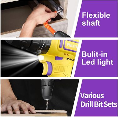 Акумуляторний ударний дриль-шуруповерт PULITUO 12V, комплект, металевий патрон 3/8', 21+1+1 ступінь крутного моменту, LED-ліхтар, 35 Нм, акумулятор 1300 mAh