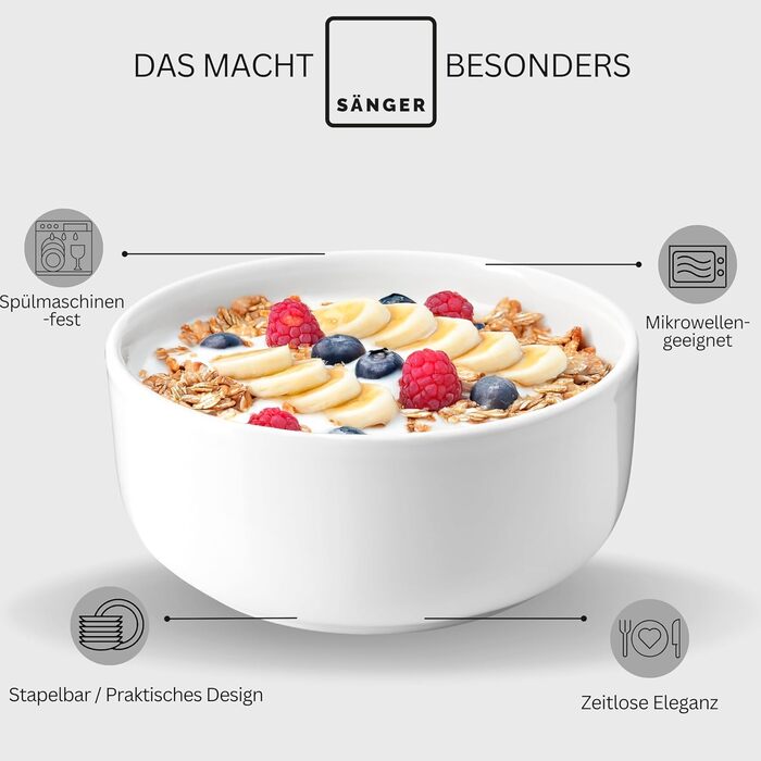 Набір посуду SÄNGER Marlo: 24 елементи, білий, для 6 осіб. Тарілки для десерту, обідні тарілки, миски, тарілки для мюслі з порцеляни. Сучасний дизайн, PREMIUM COLLECTION