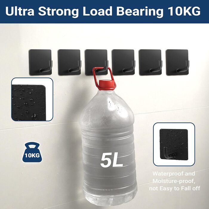 Набір гачків для рушників без свердління, 6 шт. з нержавіючої сталі, самоклеючі, до 10 кг, для ванної кімнати та кухні