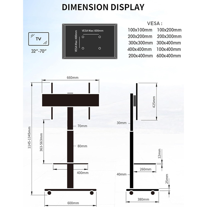 Підставка для телевізора Stellar на коліщатках з полицею, біла. Регульована висота, поворотна. Для телевізорів 32-70 дюймів, до 45 кг, VESA до 600x400
