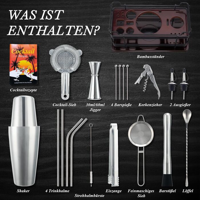 Набір для коктейлів Boston Cocktail Shaker Set 825 мл з підставкою, нержавіюча сталь, професійний барний аксесуар, набір бармена з рецептами, ідеальний подарунок (сріблястий)