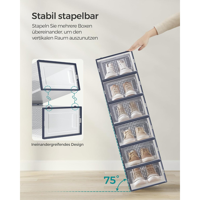 SONGMICS Shoe Boxes, 12-Piece Set, Plastic Shoe Organizer, Foldable and Stackable, for Shoes up to Size 44, Transparent-White LSP12SWT (12-Piece Set for Shoes up to Size 44, Transparent + Anthracite Blue)