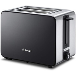 Тостер Bosch Kompakt ComfortLine TAT7203, 1050 Вт, з автоматичним вимкненням, функцією розморожування, підставкою для булочок, для 2 тостів, нержавіюча сталь/чорний