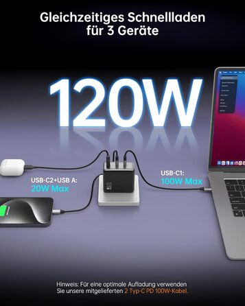 Зарядний пристрій USB-C 120W NOVOO GaN III 3 порти, кабель USB-C PD 100W, для MacBook Pro 14