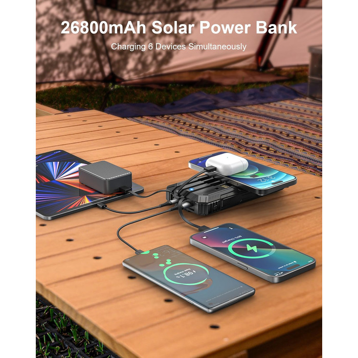 Сонячний повербанк 26800 mAh з 4 кабелями, швидка зарядка USB-C, Qi бездротова зарядка, LED ліхтарик – для телефонів, планшетів, кемпінгу (Чорний)