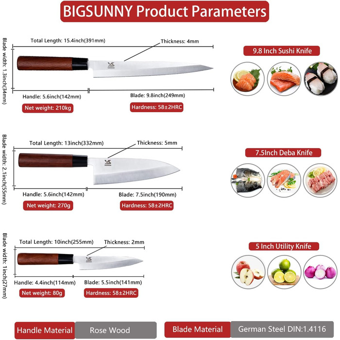 Набір ножів для суші та сашимі MSY BIGSUNNY, 3 шт. (Янагіба, ніж для риби) - нержавіюча сталь