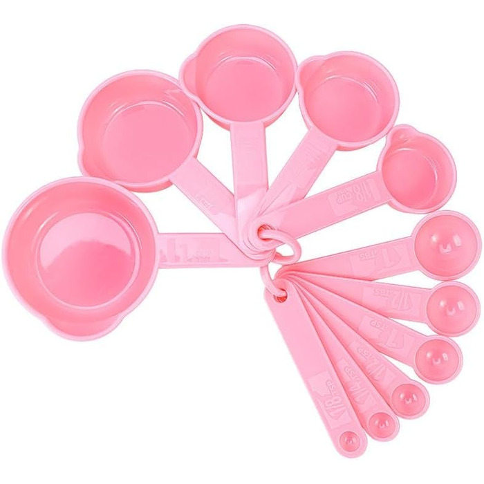 Measuring cup and spoon set, 11-piece plastic measuring cup and spoon set for dry and liquid ingredients, 5 measuring cups and 6 measuring spoon set for kids for cooking and baking, color: Pink