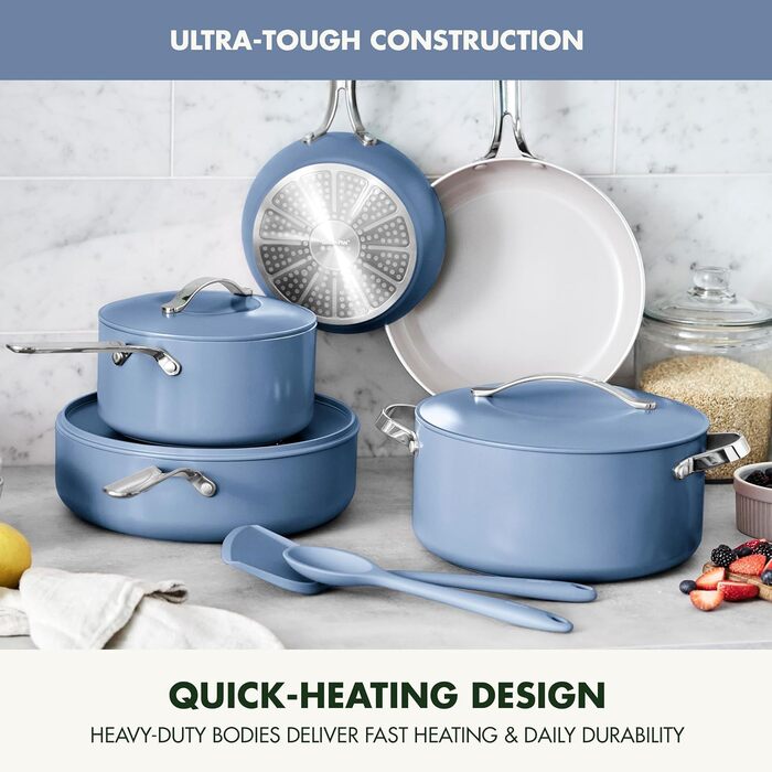 Набір кухонного посуду GreenPan Nova 13 предметів: каструлі, сковороди, кришки, синій. Без PFAS, керамічне антипригарне покриття.