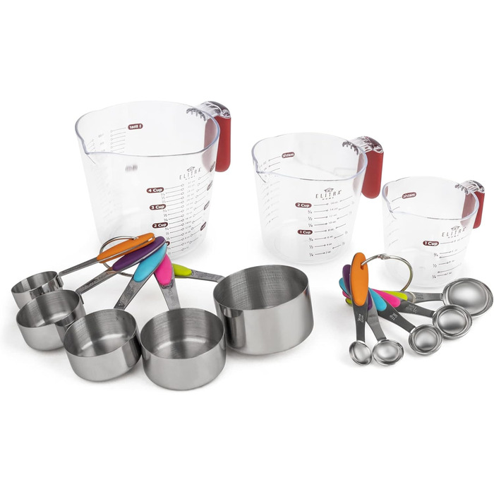13-Piece Measuring Cup and Spoon Set including 10 Stainless Steel Measuring Spoons and 3 Plastic Measuring Cups - from Elitra Home