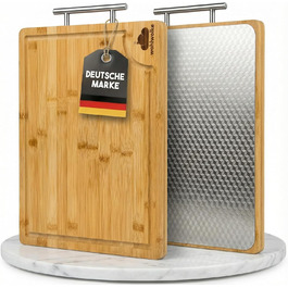 Двостороння обробна дошка з нержавіючої сталі та бамбуку | Кухонна дошка з жолобком для соку та металевим руків'ям | Антибактеріальна дерев'яна дошка для кухні | Велика дошка з бамбуку | Розділочна дошка 40x30x2 см