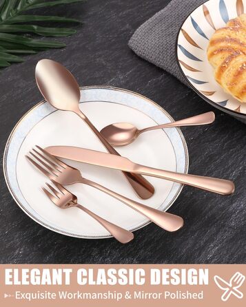 12-Person Cutlery Set, 60-Piece Gold Cutlery, High-Gloss Polished and Dishwasher Safe, Elegant Gold Cutlery, with Knife, Fork, and Spoon, for Home, Party, Restaurant (Gold Rose)