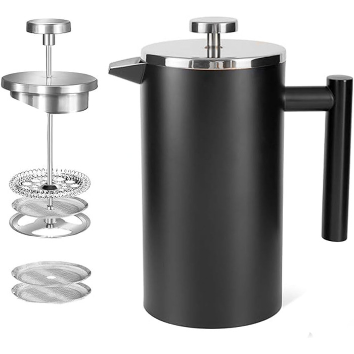French Press Thermo with Keep-Warm Function, Coffee Maker made of double-walled stainless steel 0.65l, Replacement Filter I Coffee Press also for Home (Black, 650ml)