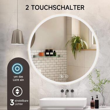 Дзеркало для ванної кімнати YOLEO круглої форми з підсвічуванням, 60 см, з сенсорним вимикачем, захисне скло, 3 кольори світла, регулювання яскравості, 6500K (70x70 см)