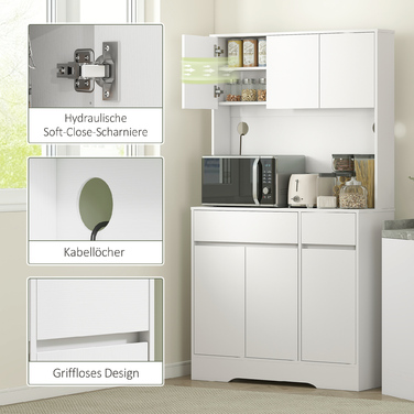 HOMCOM Kitchen Cabinet Buffet with Countertop, 6 Doors, Tall Cabinet with Adjustable Shelves, Cable Holes, Microwave Cabinet Modern Storage Cabinet, White, 100 x 38 x 180 cm | Aosom
