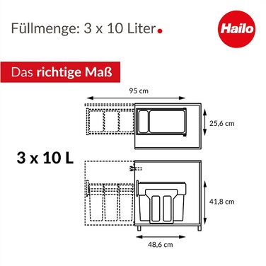Hailo EcoLine Design Trio L Built-in Waste Separation System - Trio Waste Bin with Full Extension - Steel Sheet - Black - 25.6 x 41.8 x 48.6 cm - 3 x 10 l (3 x 10 Liters)