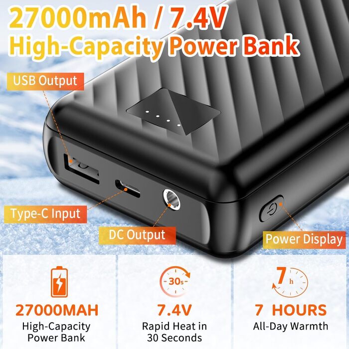 Обігріваюча жилетка для жінок та чоловіків з акумулятором 27000 mAh/7.4V, 17 зон обігріву, 3 режими температури, чорна, M-L