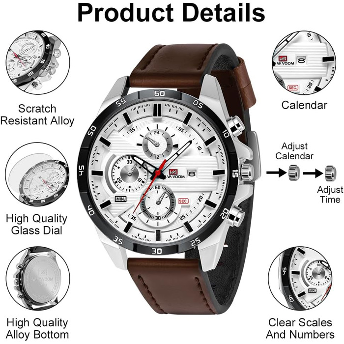 Годинник чоловічий OFF-CUP з датою, кварцовий хронограф, коричневий ремінець з натуральної шкіри. Елегантний аксесуар для чоловіків, casual та business стилю. Прекрасний подарунок.