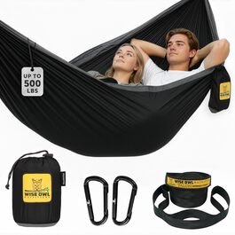 Гамак Wise Owl Outfitters для двох осіб - легкий туристичний гамак до 226 кг (чорно-сірий) + кріплення та карабіни