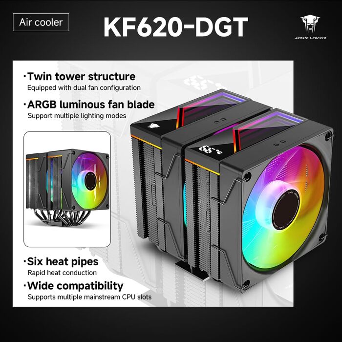 Koolance KF620 DGT ARGB CPU кулер для Intel/AMD, 265W TDP, 158mm, 2 x 120mm PWM вентилятори, чорний
