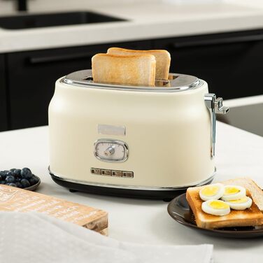 Тостер Westinghouse Retro на 2 скибки, знімна насадка для булочок, 6 режимів підсмажування, центрирування хліба, функції розморожування, підігріву та зупинки, індикатор, висувний піддон для крихт, білий, модель WETW2