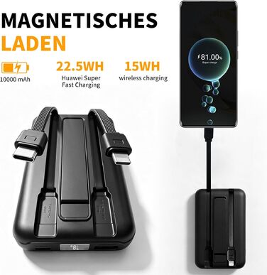 Магнітний Power Bank для MagSafe 10000mAh, бездротова швидка зарядка PD 22.5W, 3 порти та 2 кабелі, LED-дисплей, сумісний з iPhone 17/16/15/14/13/12 серії (Чорний)