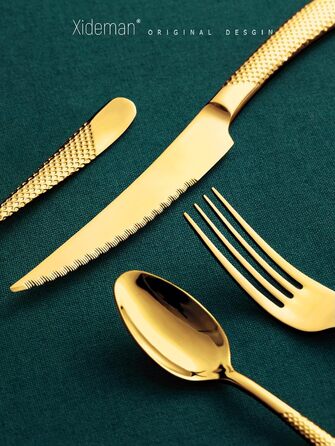 Набір столових приборів 24 предмети з нержавіючої сталі 18/10, золотий колір, на 6 осіб: ніж, виделка, ложка, з двостороннім зазубреним лезом, для посудомийної машини