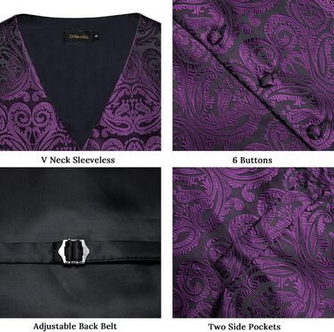 Костюмний жилет чоловічий DiBanGu для весілля з краваткою, нагрудною хустиною та краваткою-метеликом. Сріблястий візерунок пава, 3XL, фіолетовий пава