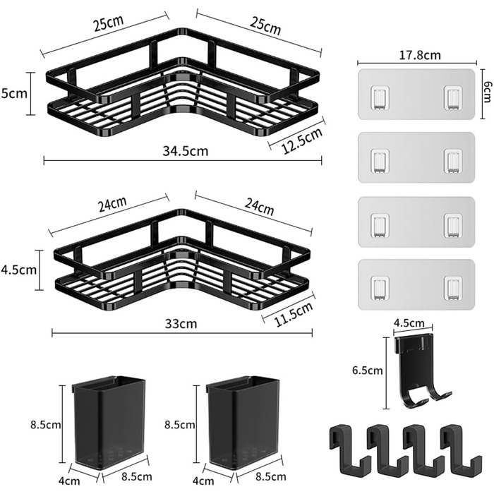 Поличка для душу без свердління, кутова, 2 шт. Органайзер для ванної кімнати з 4 гачками, чорний. Поличка для шампуню в душ, аксесуари для душу