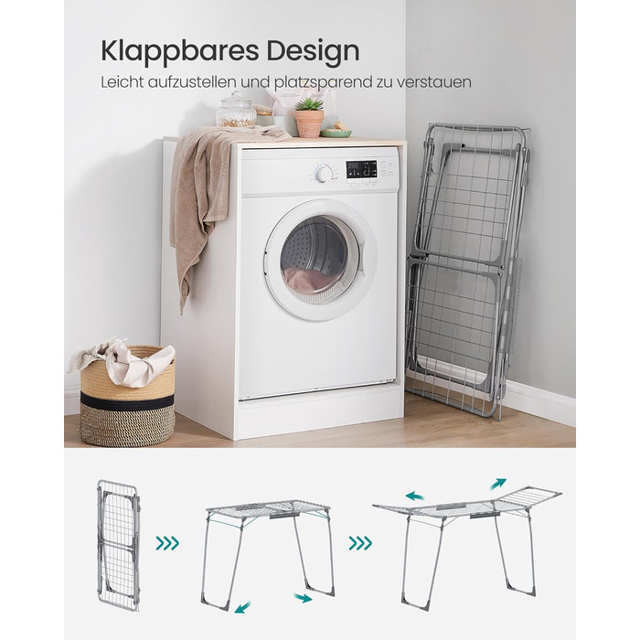 SONGMICS Сушарка для білизни на підставці, сіра, 52.5 x 173 x 96.5 см, з тримачем для шкарпеток, для одягу, рушників, металева