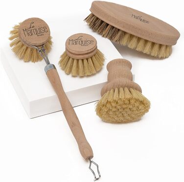 La Marquise - Wooden Dish Brush - includes vegetable brush, pot brush, and replacement brush head - Eco-friendly and durable dishwashing brushes