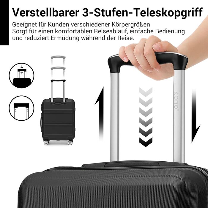 Чемодан-валіза KONO з ABS+PC: міцний, з TSA-замком та 4 колесами (52 см, чорний)