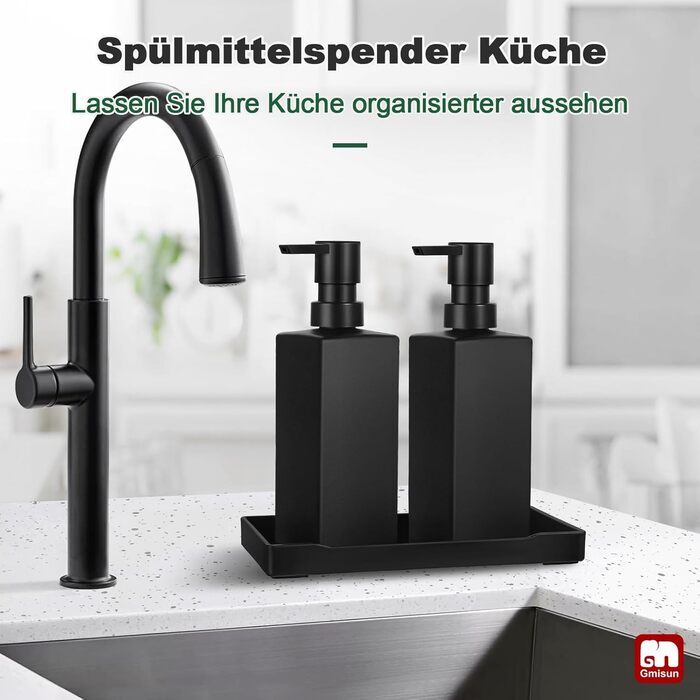 Диспенсер для мила GMISUN чорний скляний 350 мл для кухні та ванної кімнати з піддоном та водонепроникними етикетками