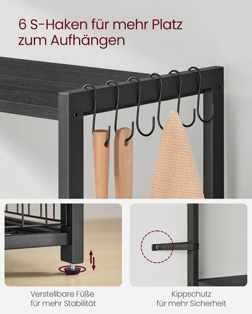 Стелаж кухонний VASAGLE з 2 металевими кошиками, з гачками та полицями, для мікрохвильової печі, 35 x 80 x 93,5 см, золотий дуб + білий (KKS096W09)