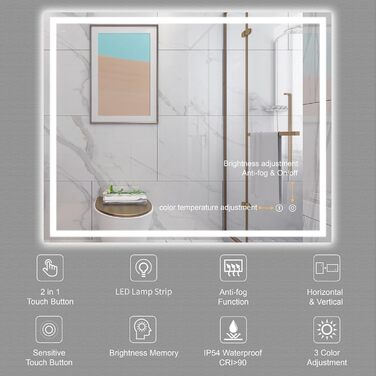 Дзеркало для ванної кімнати з LED-підсвічуванням Dripex, 50x70 см, сенсорне керування, протитуманне покриття, холодний білий світ, енергозберігаюче