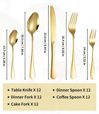 12-Person Cutlery Set, 60-Piece Gold Stainless Steel Cutlery Sets, Elegant Dinnerware Cutlery, High-Gloss Polished and Dishwasher Safe, with Knife, Fork, and Spoon, for Home, Party, Restaurant