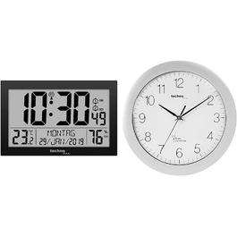 Technoline WS 8016 Modern Digital Radio Wall Clock with Temperature Display, Plastic, White, 225 x 143 x 24 mm WS8016WEISS (Black, Bundle with Radio Wall Clock, Silver-Black)