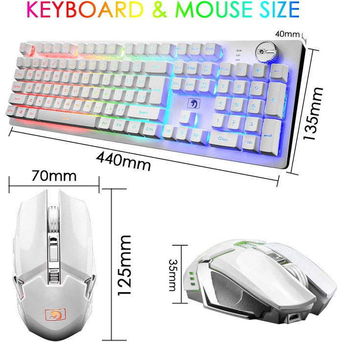 FELiCON Комбо-набір бездротової клавіатури та миші, 4800mAh, RGB LED-підсвічування, керування кнопками, ергономічний дизайн, 7 кольорів, чорний (K&M)