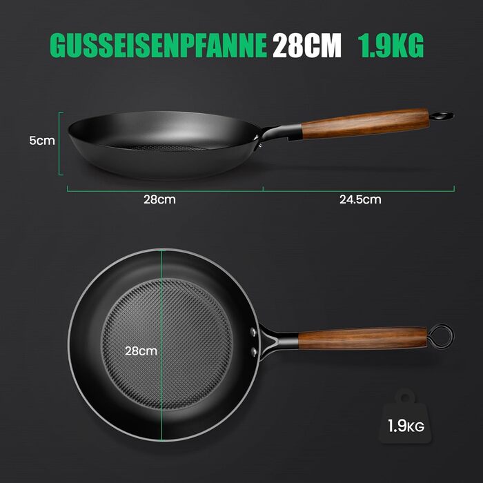 Чавунна сковорода YUTANN 28 см, для індукції, газу, електроплити, з антипригарним покриттям, без PFAS/PFOA, чорна