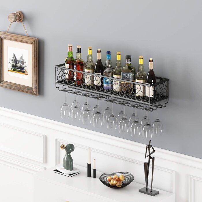 W-612 Metallic Black Wall-Mounted Wine & Champagne Glass Goblets Stemware Rack Holder, 80 x 20 cm Capacity up to 18 Bottles of Wine and 18 Glasses