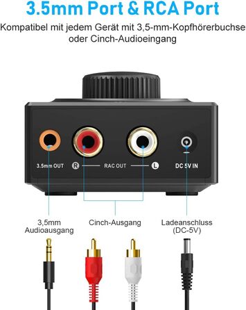 Bluetooth аудіоприймач YMOO 5.3: AUX адаптер для стереосистеми, TV, PC, MP3-плеєра, 50ft радіус дії, 3.5mm jack & RCA вхід