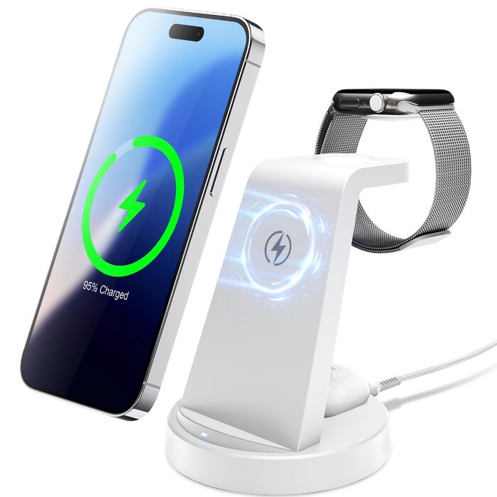 Бездротова зарядна станція 3-в-1 15W для iPhone 17 Pro Max Plus/16/15/14/13, Apple Watch Ultra/3/10/9/8/SE, AirPods Pro 4/3/2 – складана, рожева/біла